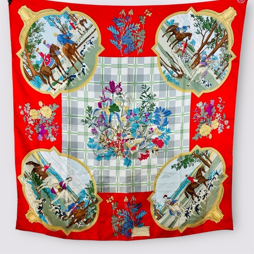 GUCCI Vintage Silk Scarf 34” Red Equestrian Hunting Print Italy - Picture 2 of 16